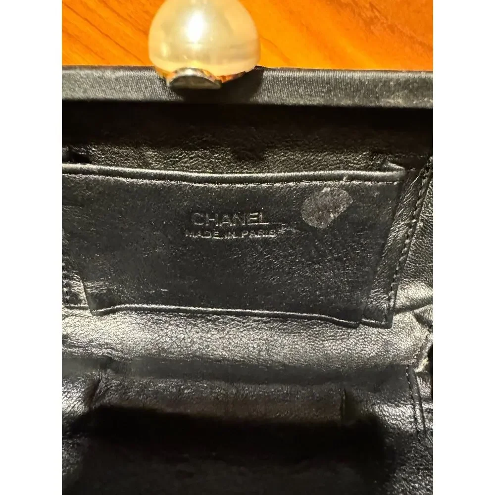 Chanel Vintage Women's Evening Purse Satin/Leather Pearl Embellished A+